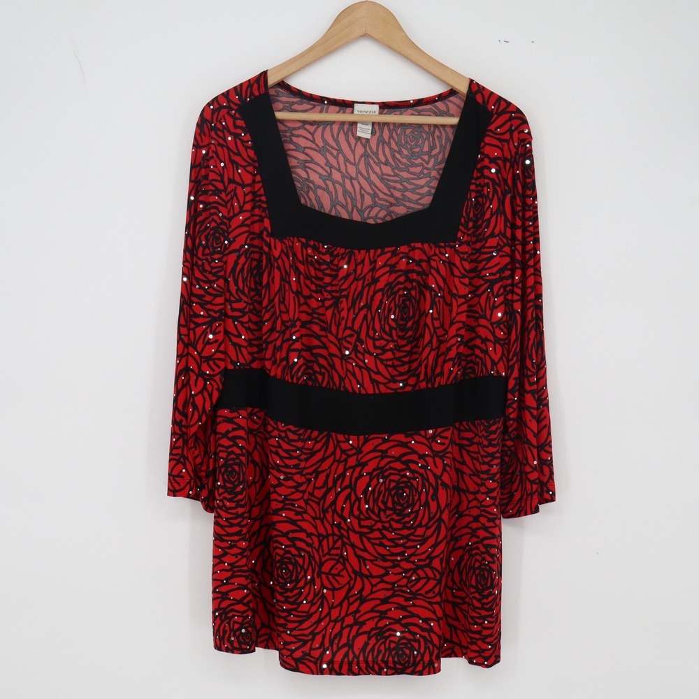Venezia Tunic Top Womens 22/24 Square Neck Red Black Rose Sequin Excellent